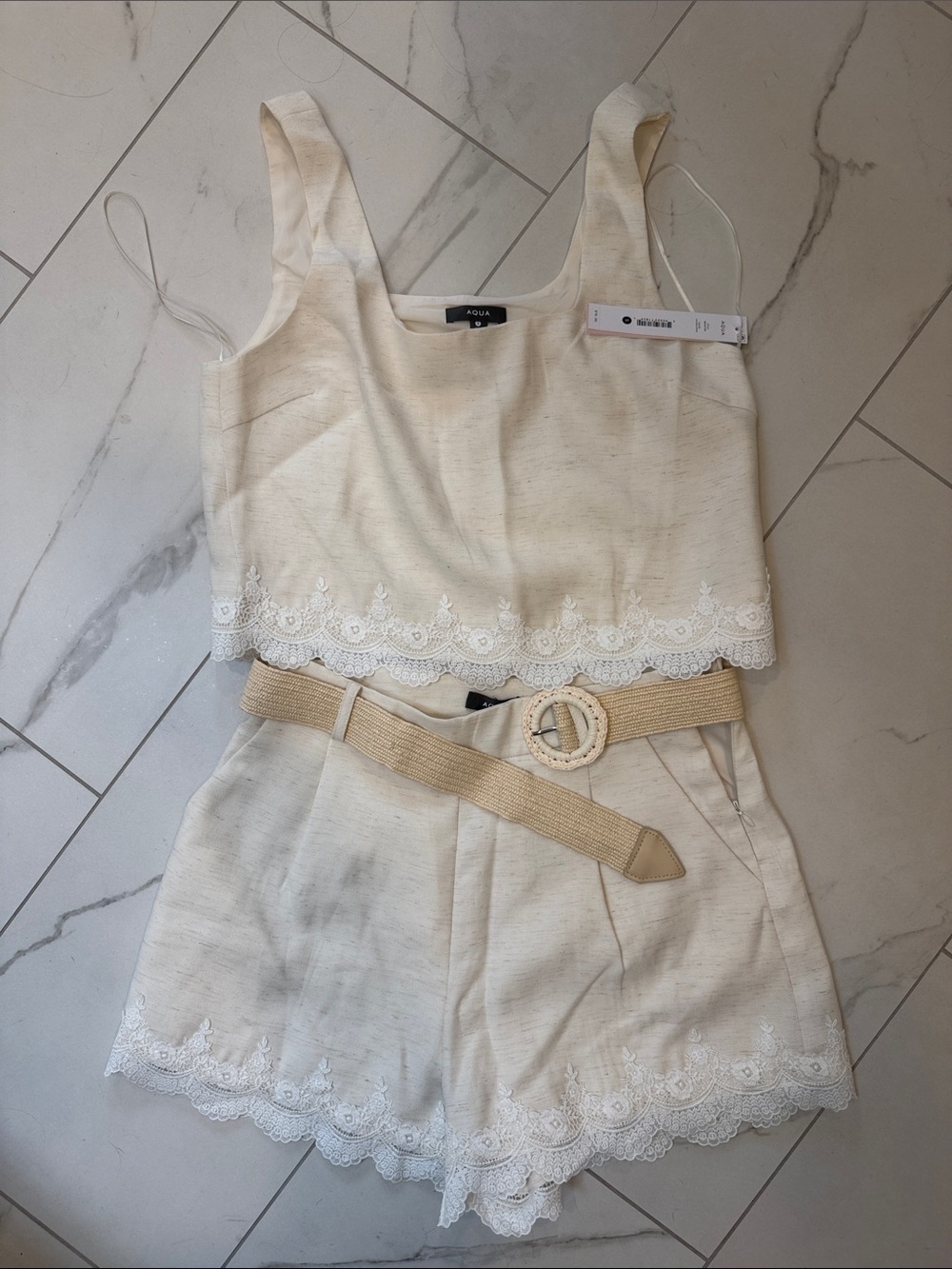 NWT Aqua Lace-Trim High-Waist Shorts and Matching Tank Set